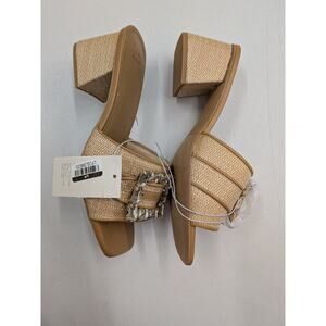 A New Day Raffia Block Heel Mule Sandals Rhinestone Buckle Tan Size 11